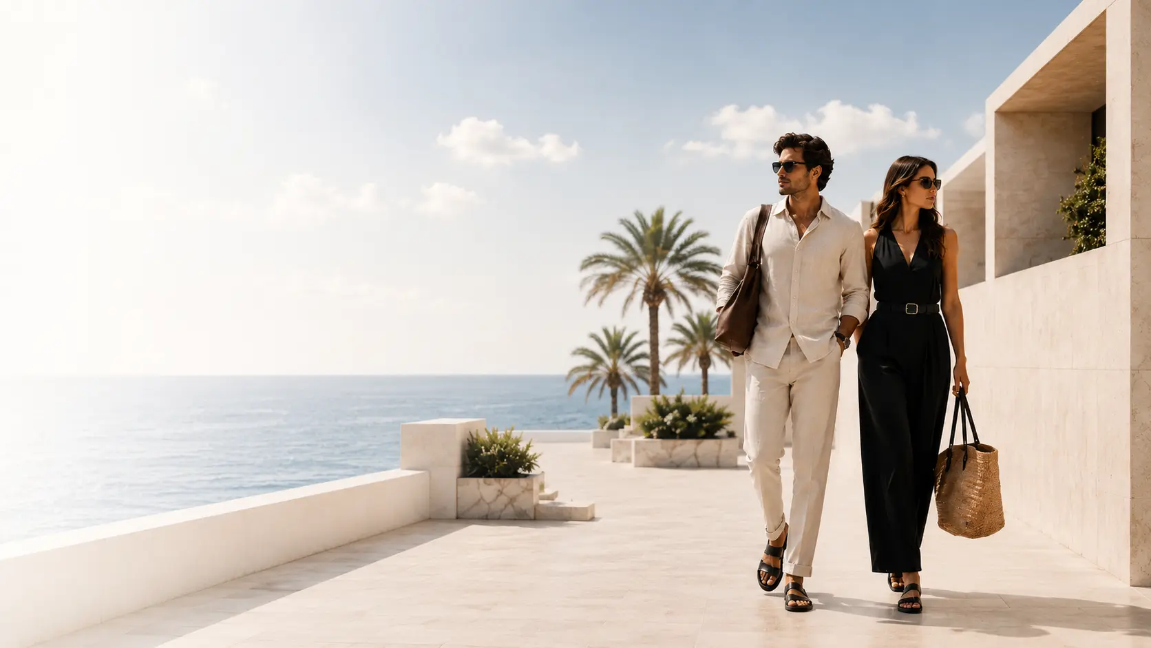 Elegant man and woman wearing premium Avelon sandals in a luxury summer setting